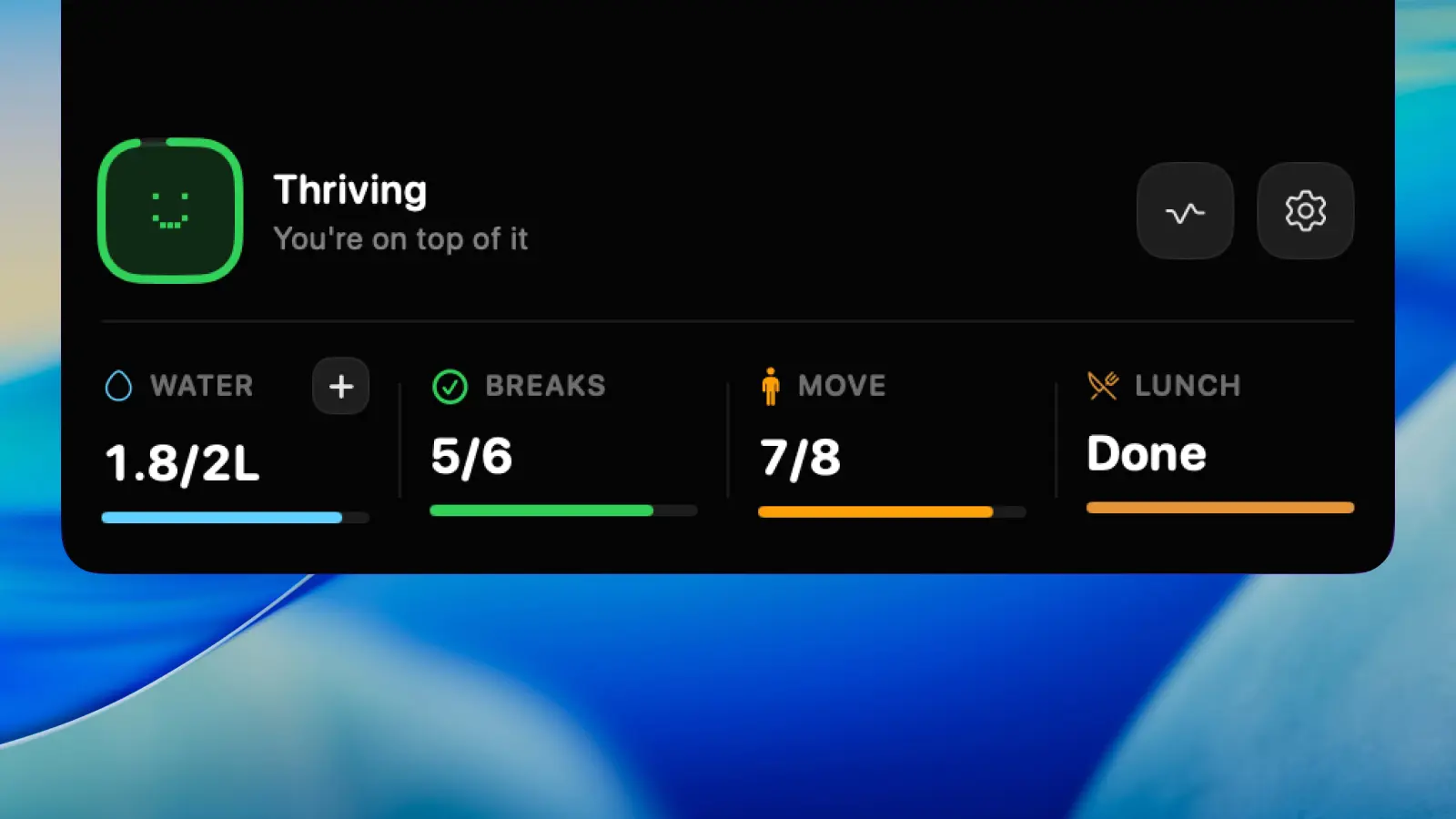 HealthyNotch expanded notch panel showing water, breaks, and Balance Score on a MacBook menu bar.