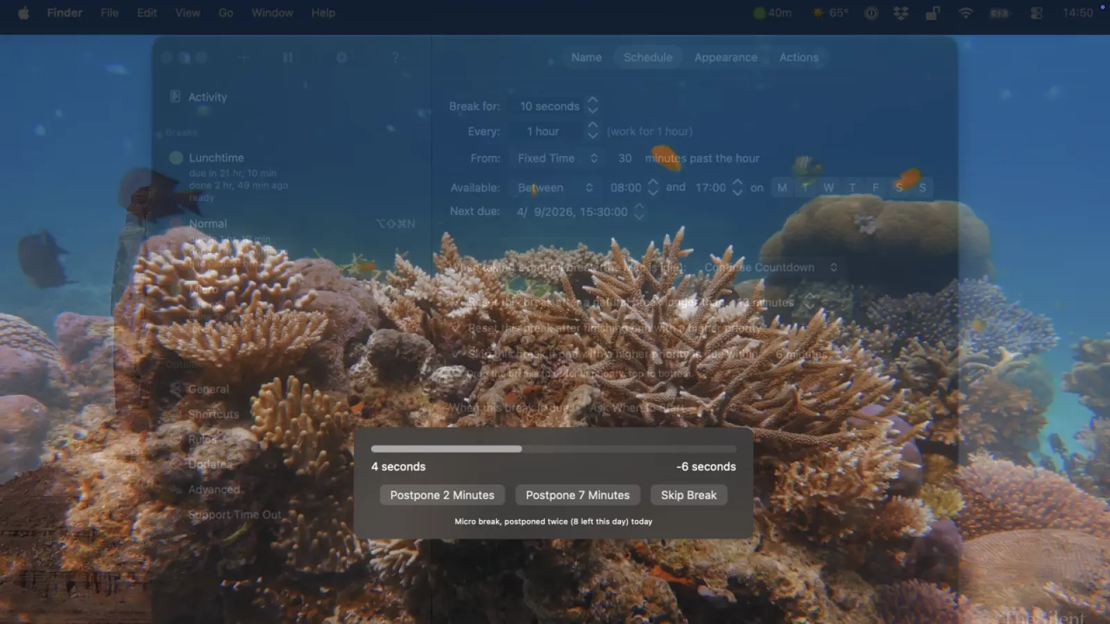 Time Out Mac break timer schedule and break interface.