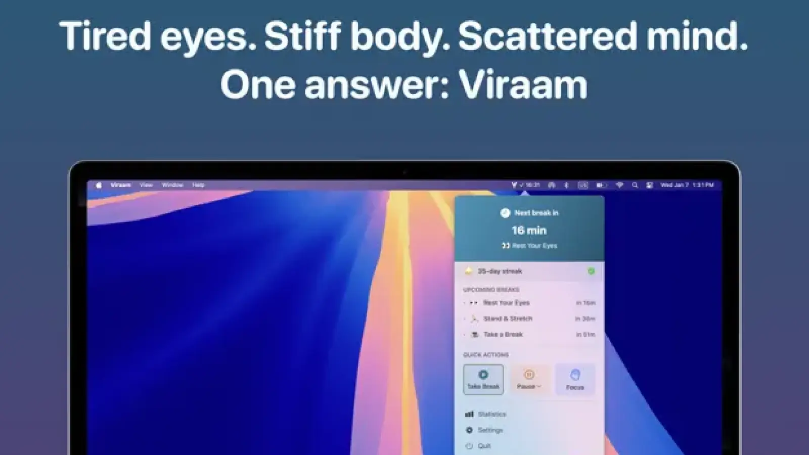 Viraam Mac wellness reminders and guided-break interface.